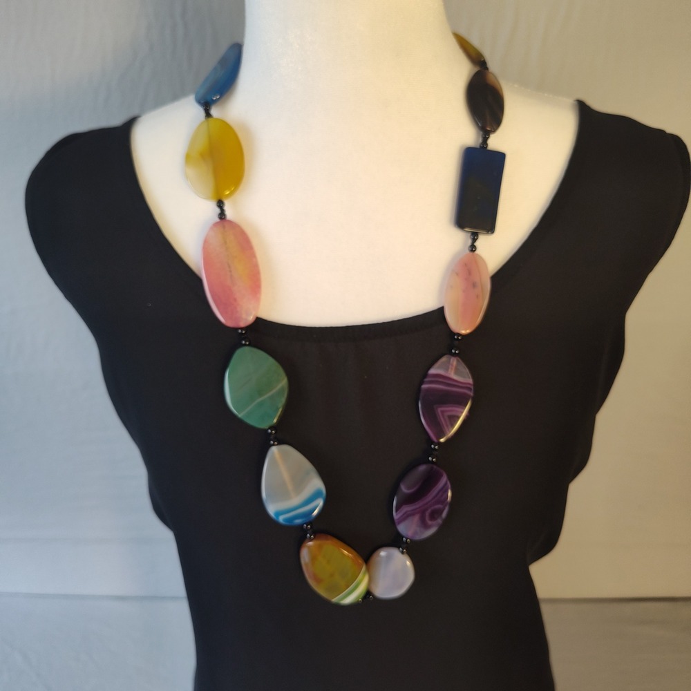 Vintage 1980s Multicolor Agate Stone Slab Statement Necklace Boho 30-33 Inch